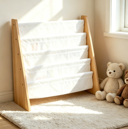 4-Tier Front-Facing Kids Bookshelf, Natural Wood and White – Book Display Organiser for Playroom, Bedroom, and Reading Corner